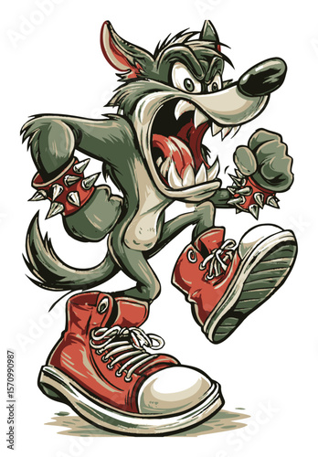 Fierce Cartoon Wolf Character in Red Sneakers with Spikes and Angry Expression