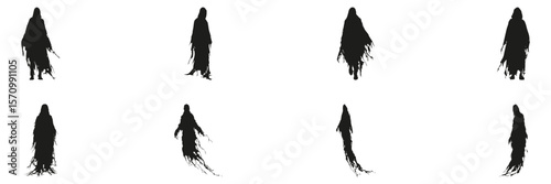 Ghostly Figures In Silhouette Set. Horror And Supernatural Theme Collection. Halloween And Spooky Design Use. Isolated Vector Illustration