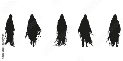 Hooded Figures In Silhouette Set. Mysterious And Eerie Character Symbol Collection. Horror And Fantasy Theme Use. Isolated Vector Illustration