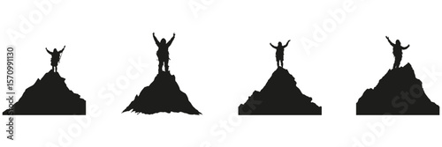 Mountain Climber Silhouettes In Icon Set. Adventure And Achievement Symbol Collection. Outdoor And Motivational Use. Isolated Vector Illustration