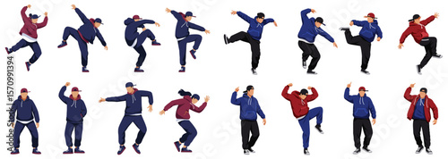 Diverse group of people in casual clothing are depicted in various dynamic poses, showcasing movement, energy, and a sense of carefree expression on a white backdrop.