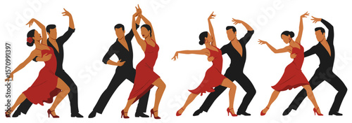 A graphic illustration showcases a series of couples gracefully performing a passionate dance, each adorned in elegant attire, set against a clean white background.