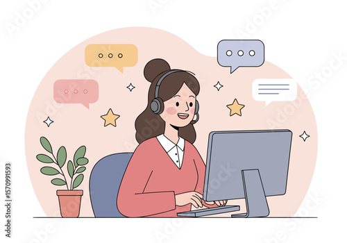A friendly female customer service agent wearing a headset communicates with clients while working on a computer in a modern office setting.