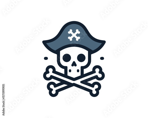 Pirate skull and crossbones vector icon with jolly roger hat