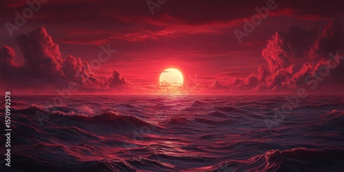 Crimson Horizon: A Fiery Sunset Over the Ocean Waves