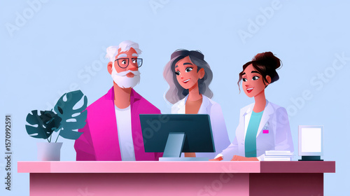 Elderly man consulting with two female doctors in white coat at medical office desk with computer and plant