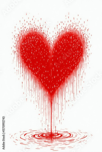 Red Heart Composed of Tiny Vertical Raindrop Streaks as if Drawn by Falling Rain