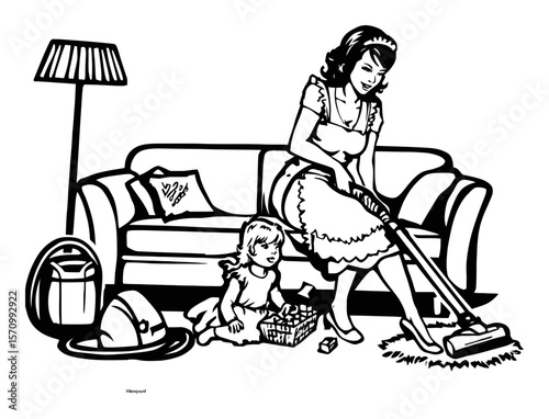 Vintage Hand-Drawn Illustration of Mother and Child at Home with Vacuum