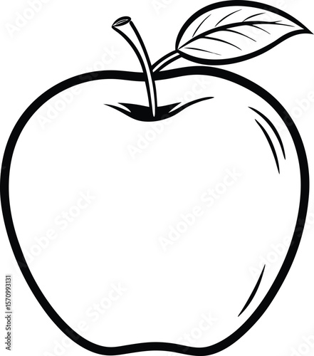 Simple black and white apple illustration with stem and leaf
