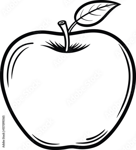 Simple Apple Outline with Leaf Black and White Illustration