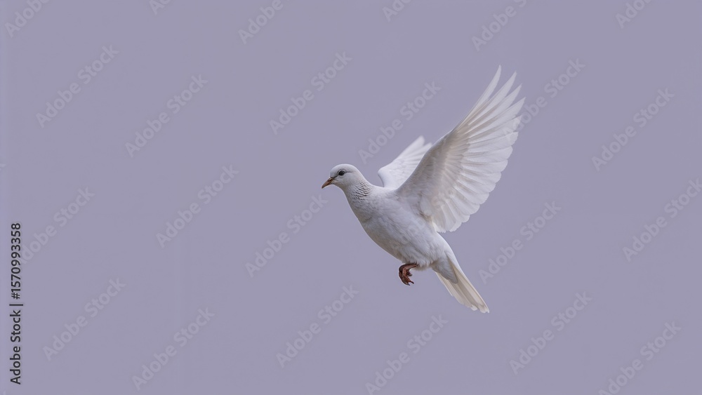 Obraz premium Soaring white dove gliding through open pale lavender sky, with single bird focus, copy space