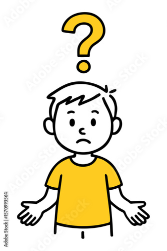 Confused Boy With Question Mark Overhead. Doodle of Curious Boy with Yellow Shirt Simple Line Art. Hand-Drawn Vector Illustration