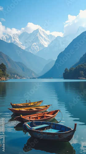 Phewa Lake Nepal Peaceful Lake with Colorful Boats and Annapurna Peaks Reflection