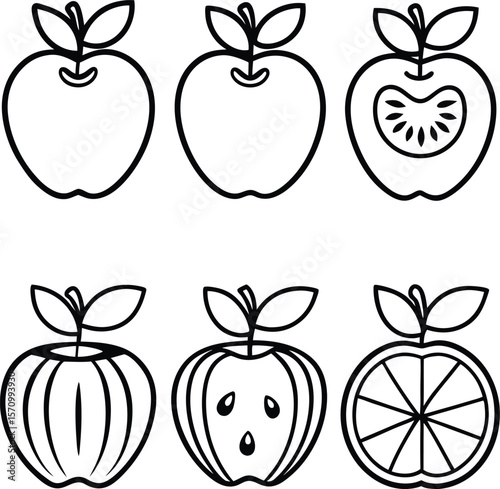 Six stylized apple icons in black and white line art style