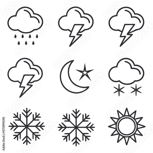 Weather Icons Set: A collection of nine minimalist weather icons, including rain, lightning, snow, moon, stars, and sun. Perfect for weather apps, websites, or presentations.