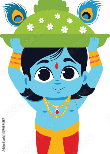 Cute Cartoon Illustration of Lord Krishna Carrying a Green Offering