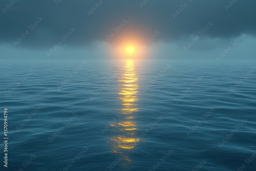 Obraz premium Golden sun shines over the ocean on a dim day; ripples reflect on water