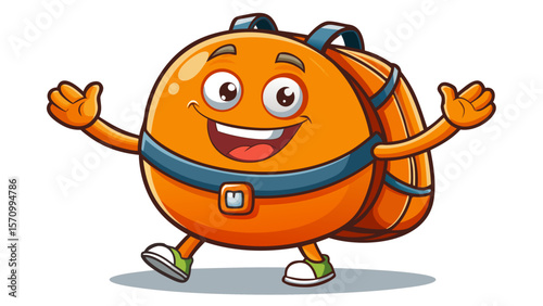 A plump orange backpack swings its straps like arms, smiling wide. Zippers curve like eyebrows, while a little tag waves—a friendly school buddy always packed and prepared.