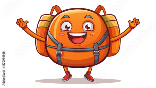 A plump orange backpack swings its straps like arms, smiling wide. Zippers curve like eyebrows, while a little tag waves—a friendly school buddy always packed and prepared.