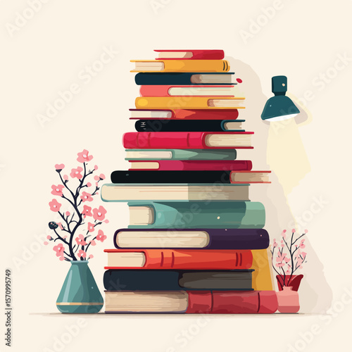 stash of book isolated in White Background, stash of book vector, Flat lay vector illustration