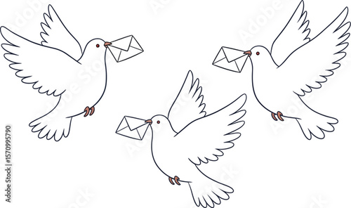 Three white doves flying with envelopes in their beaks illustration