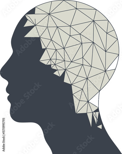 Abstract human head with geometric brain design for mental health and artificial intelligence concept art