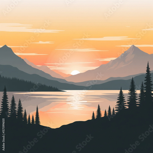 Sunset Over Lakes and Mountains in Minimal Style