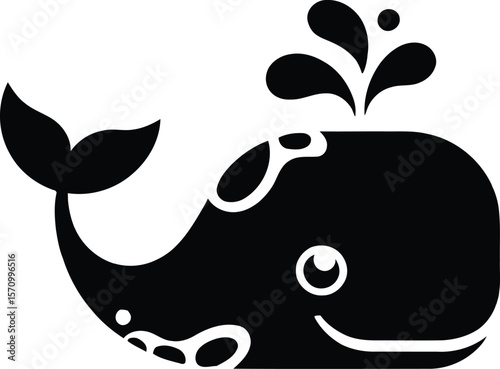 Playful Whale Spouting Water in Black and White Silhouette Illustration