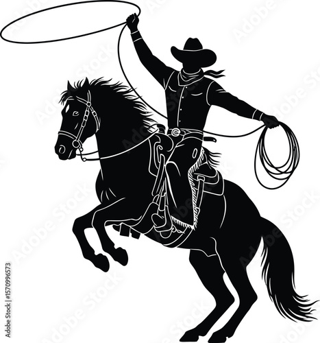 A silhouette of a cowboy riding a horse and throwing a lasso rope