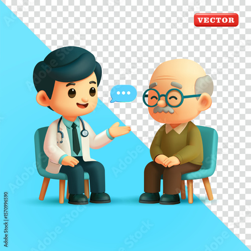 Grandpa sitting consulting with doctor, 3d vector. Suitable for health and education