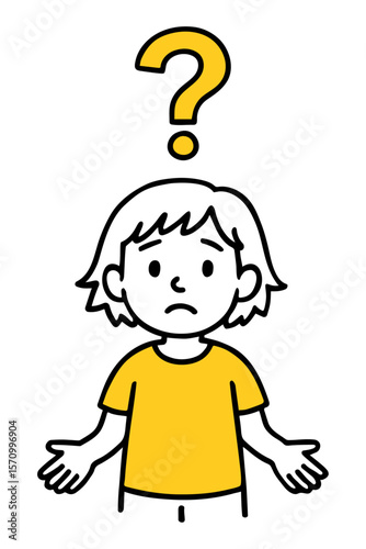 Confused Girl With Question Mark Overhead. Doodle of Curious Girl with Yellow Shirt Simple Line Art. Hand-Drawn Vector Illustration