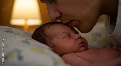 A tender moment as a parent kisses their newborn baby goodnight on the forehead