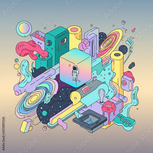 Surreal 3D Isometric City with Planets and Shapes