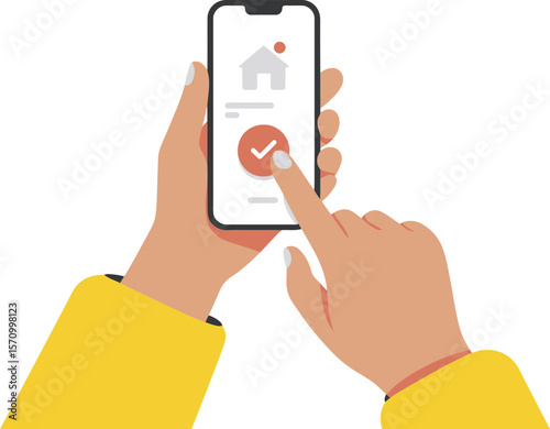 Smartphone app confirmation checkmark hand holding mobile phone touch screen vector illustration design