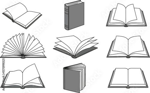 Illustration of various books in different states of being opened up