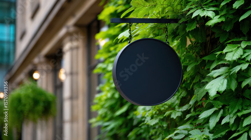 mockup of Blank round black signboard hanging on green leaf wall with blurred building background in daylight