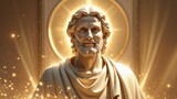 Glowing robed statue standing in chapel shrine, with circular halo, frame, rays, glowing particles
