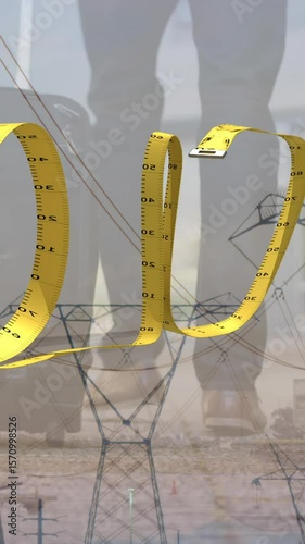 Animation of 2000 formed with measuring tape over businessman with suitcase and electricity pylons