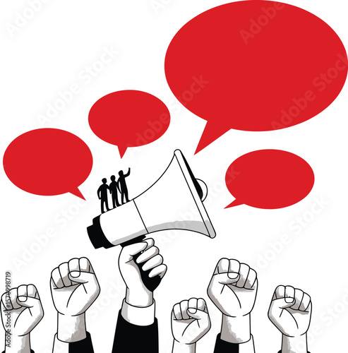 Illustration of protest with megaphone and raised fists for activism and social justice issues today now