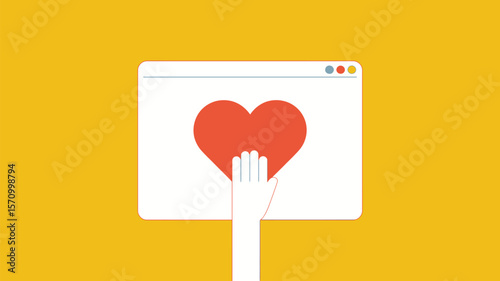 Illustration of hand reaching for heart on website for like button social media and online love concept