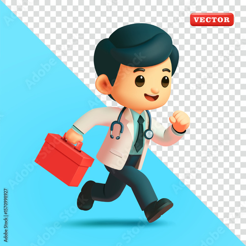 Doctor running with medical box, 3D vector. Suitable for health and education