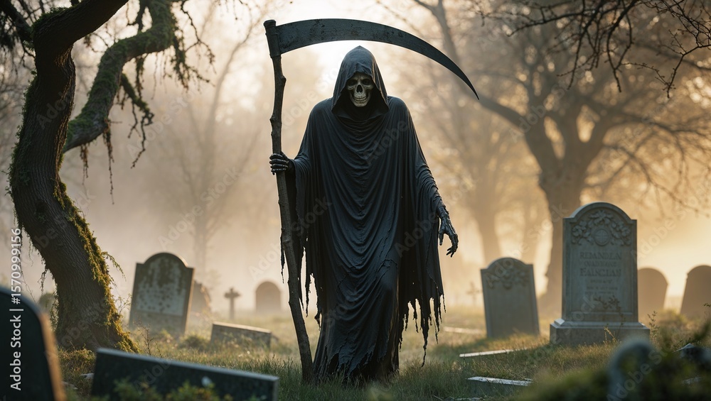 Fototapeta premium Standing cloaked skeleton figure holding scythe amid foggy cemetery at dawn, with tombstones