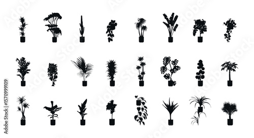 Set of vector illustrations of silhouettes of potted plants. Indoor plants. Interior design elements. 24 silhouettes