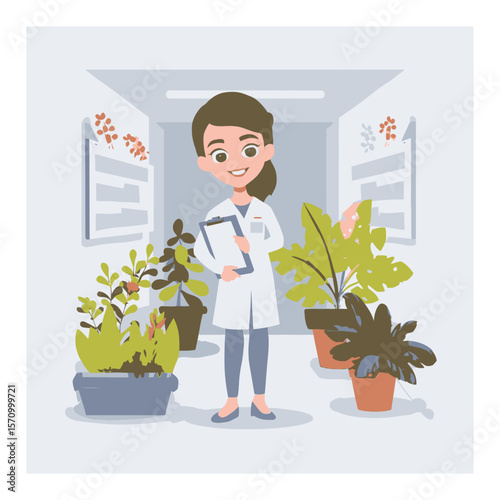 Cartoon Scientist Holding Clipboard Surrounded by Greenhouse Plants