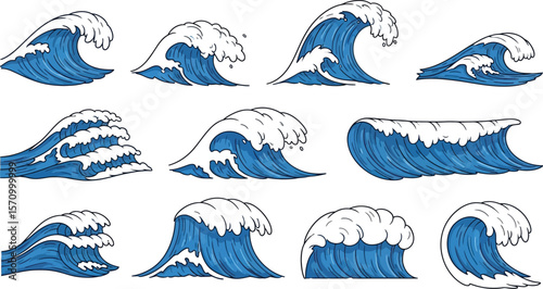Collection of cartoon ocean waves with white foam and blue water art