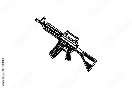 Black and white graphic illustration of an assault rifle on white background