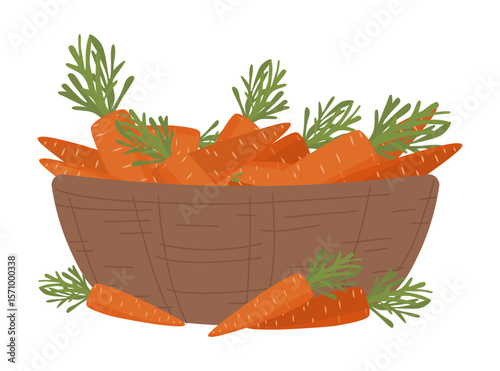 Vector illustration of a basket filled with fresh carrots, featuring green leafy tops. This simple design showcases the abundance and freshness of harvest produce in a rustic setting.