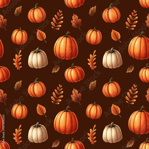 Seamless pattern with watercolor pumpkins and autumn leaves on a dark brown background. Perfect for seasonal packaging, textiles, and fall-themed decorations.