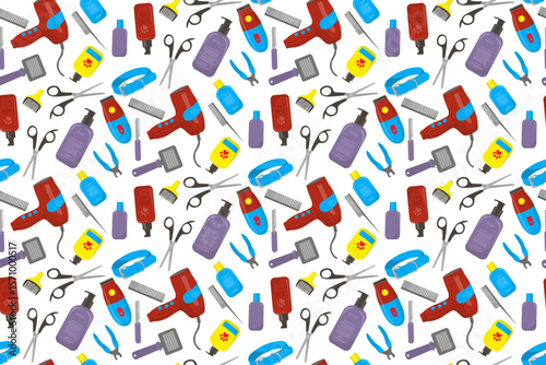 Vector illustration featuring a seamless pattern of pet grooming tools including hair dryers, scissors, shampoos, and brushes. Ideal for pet care product design and marketing.