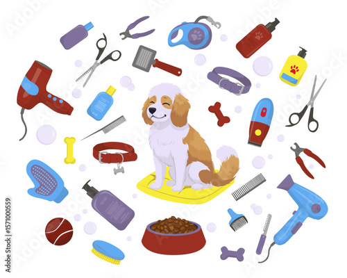 Adorable dog sitting happily among various grooming tools in a colorful vector illustration. Features clippers, scissors, shampoo, and more essentials for pet care and grooming routines.